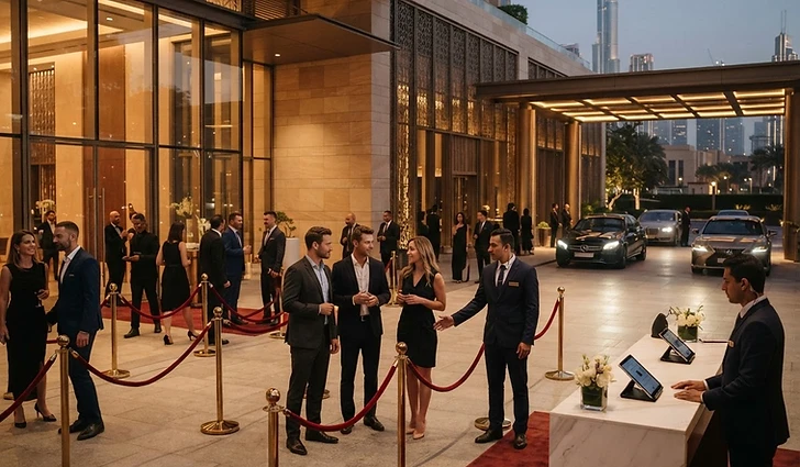 Illustrative corporate event arrivals with organized entry lanes