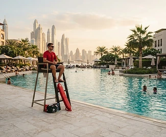 Illustrative pool with an attentive lifeguard and rescue equipment