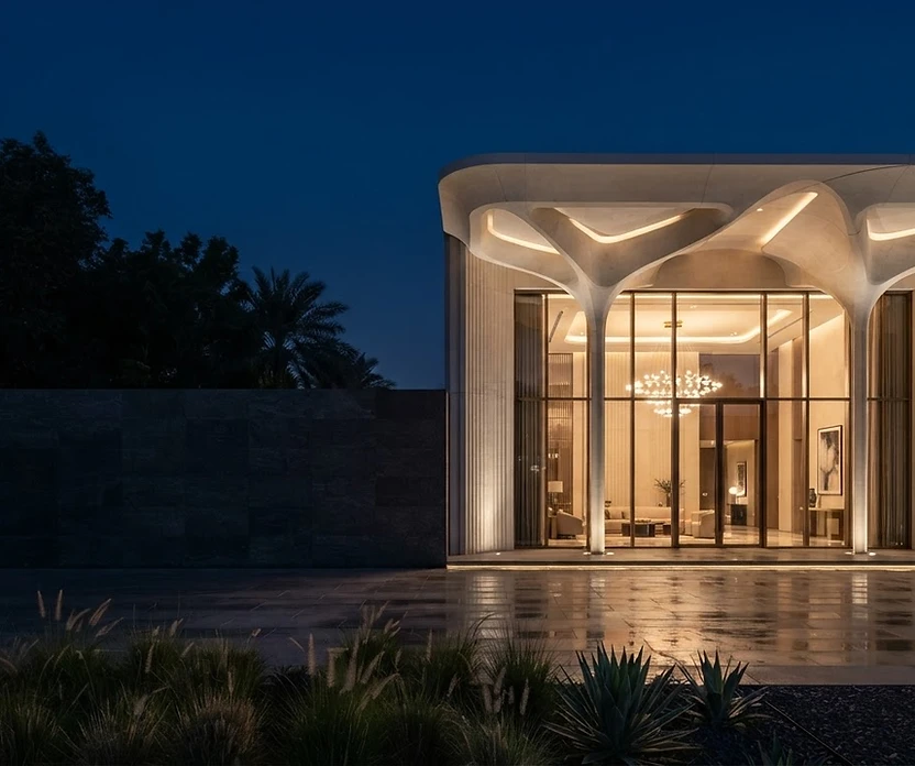 Illustrative contemporary Dubai stone and glass entrance at blue hour