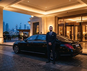 Illustrative suited professional beside an executive vehicle