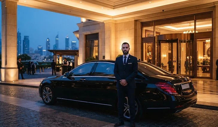 Illustrative suited professional beside an executive vehicle