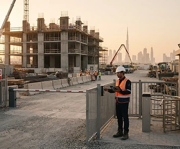 Illustrative construction entrance with a properly equipped security professional