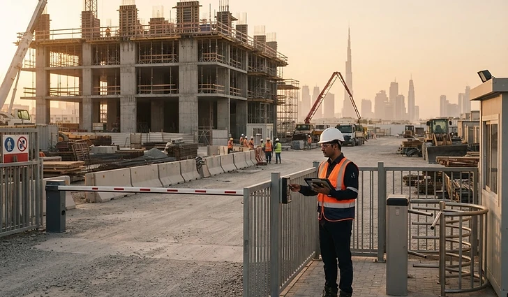 Illustrative construction entrance with a properly equipped security professional