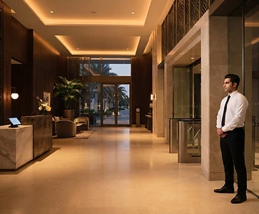 Illustrative residential reception with a discreet security professional