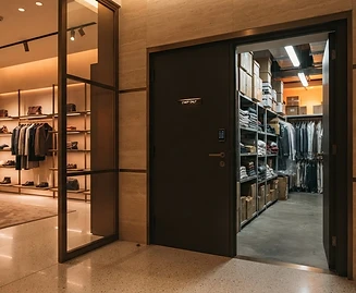 Illustrative retail stockroom access and shelving