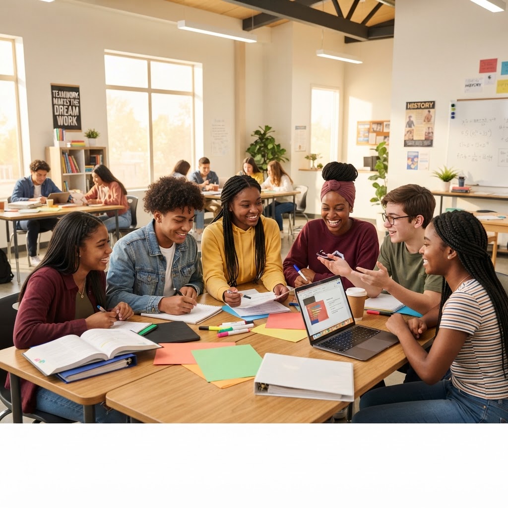Black students collaborating on ideas and group activities