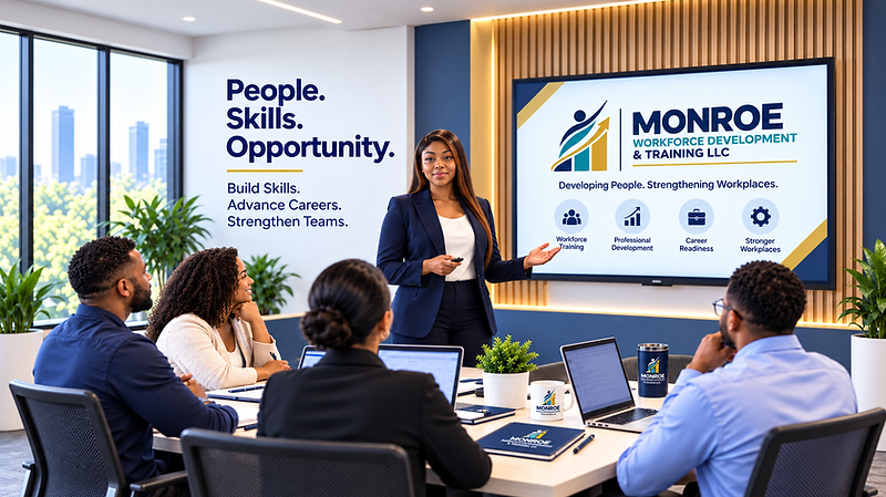 Danielle Monroe leading a workforce development training session for a diverse team of professionals