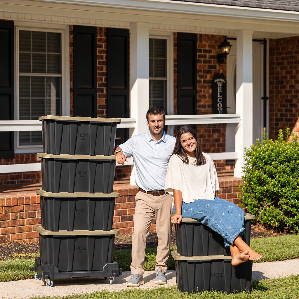 Tanner and Alyssa, founders of Tote Around Newnan, beside stacks of 27-gallon black totes in front of a brick home