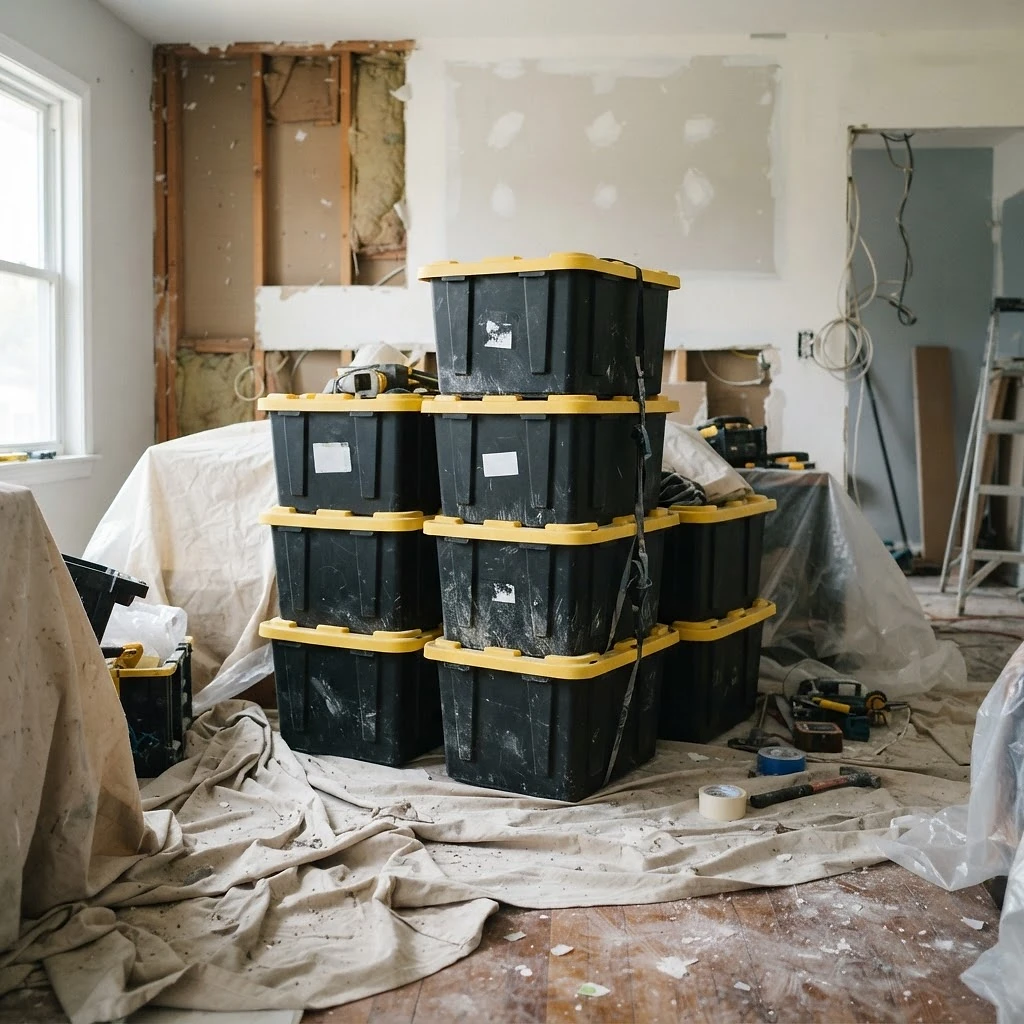 Black totes with yellow lids in a bright room during a home renovation