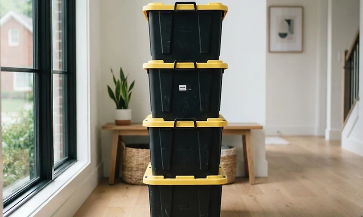 A neat stack of black moving totes with yellow lids beside a Newnan home entryway