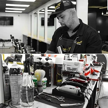 Seven18 barber at work and a close-up of the styling station