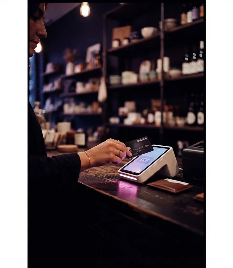 A customer tapping a credit card on a payment terminal at a dimly lit shop counter