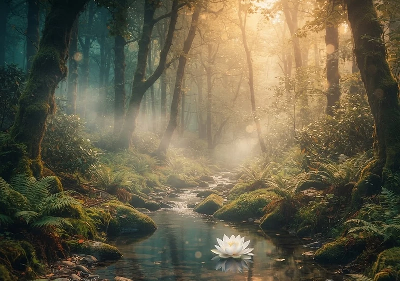 A serene misty woodland sanctuary at golden hour