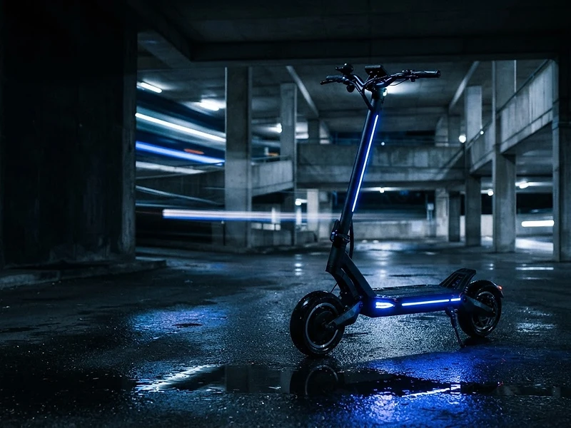 Flagship electric scooter in a midnight parking garage