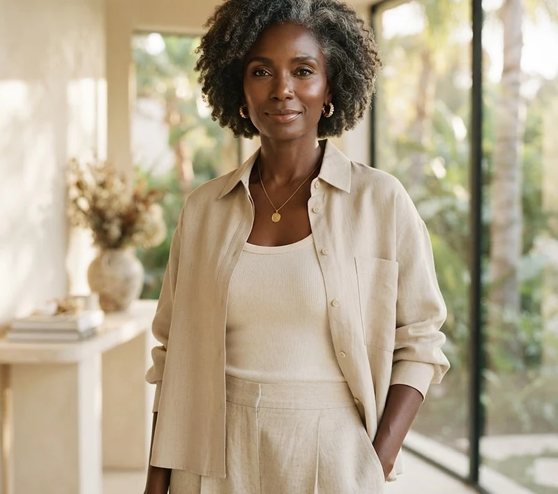 A radiant, calm client in a sun-drenched architectural setting