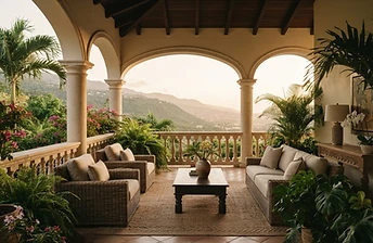 A luxury Caribbean veranda at golden hour