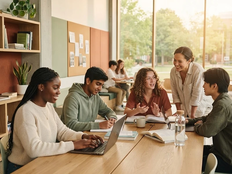 A group of happy students from diverse ethnic backgrounds in a bright sunlit room