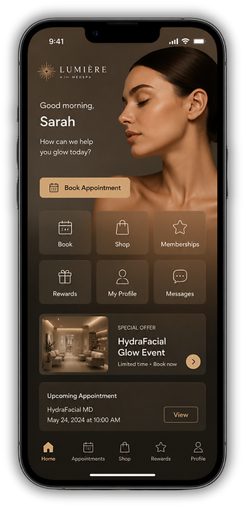 Lumière MedSpa app: booking, memberships, rewards, shop and messages in one branded mobile app