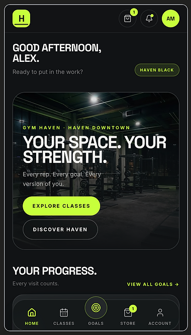 Haven Athletic Club member app home screen
