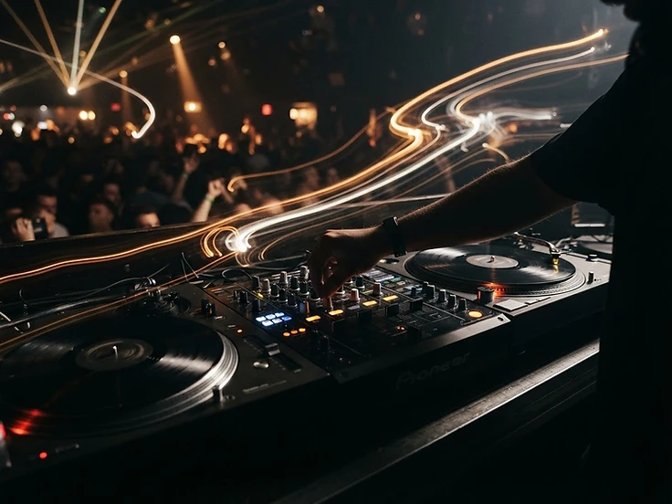 DJ setup with light trails