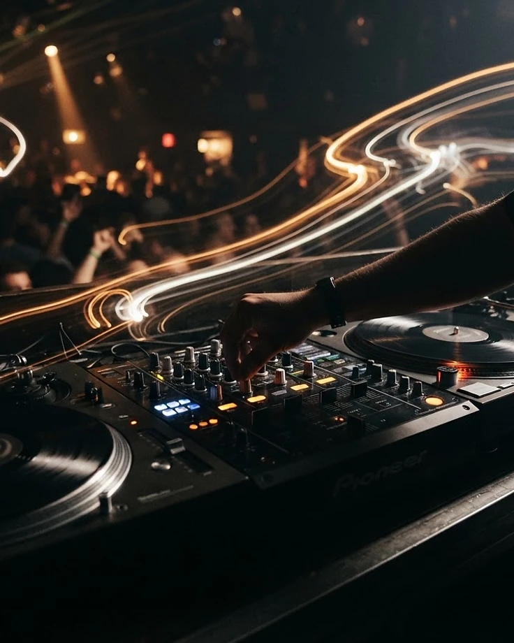DJ deck with light trails