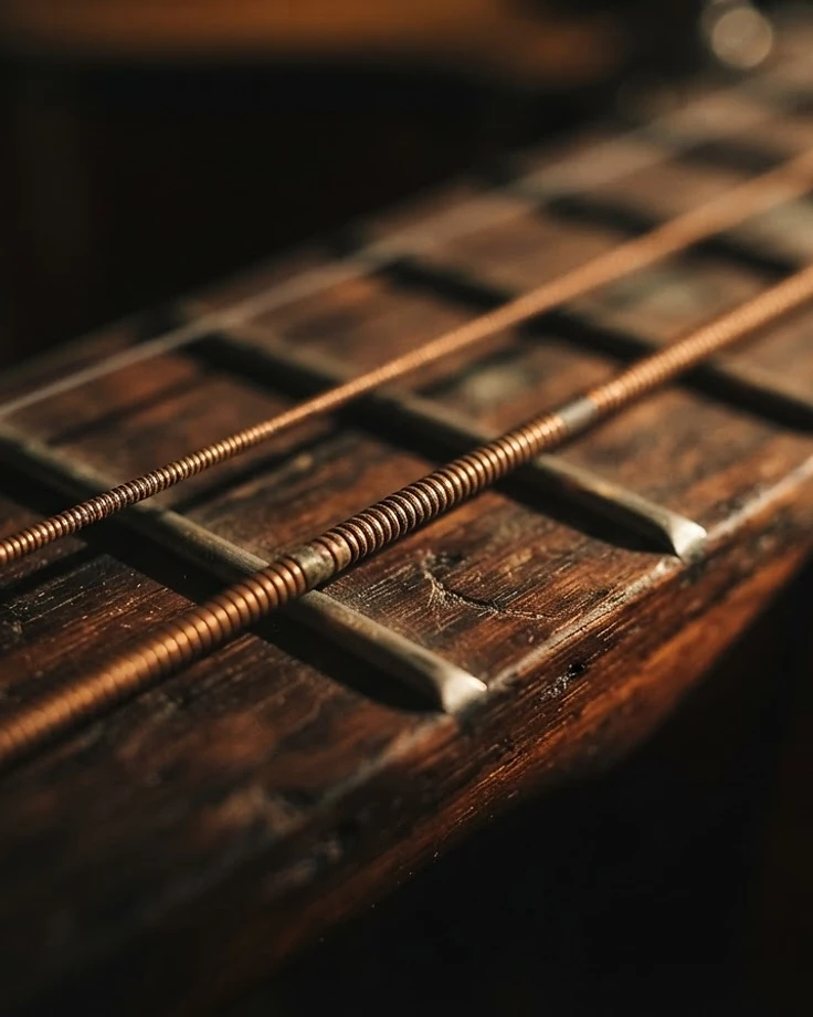 Acoustic guitar strings in warm light