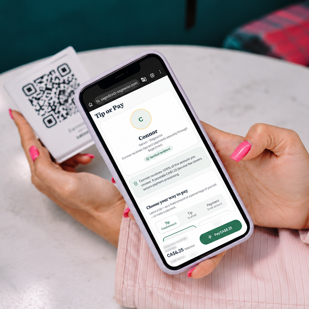 Person holding a phone showing the Sage Direct tip and payment screen with a QR code card
