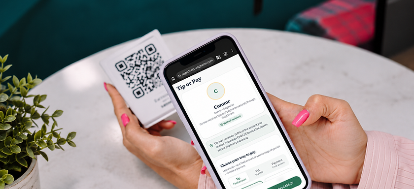 Person holding a phone showing the Sage Direct tip and payment screen with a QR code card