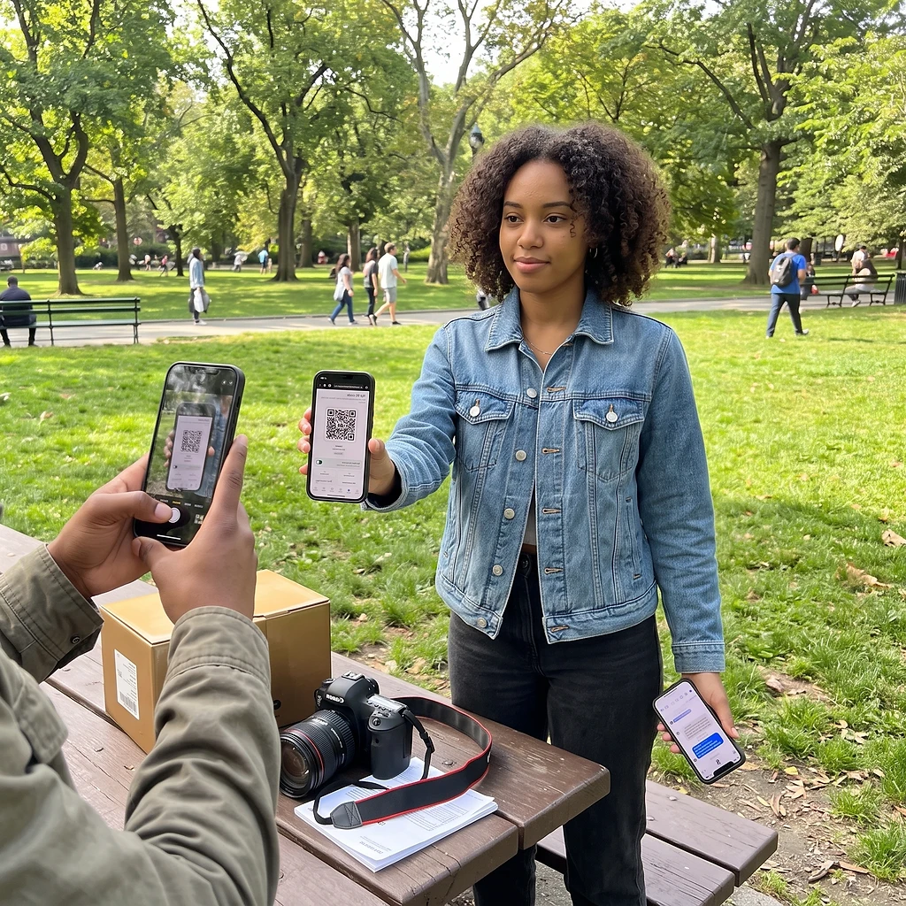 Customer scanning a Sage Direct QR code shown on a phone in a park