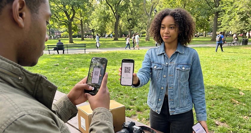 Customer scanning a Sage Direct QR code shown on a phone in a park