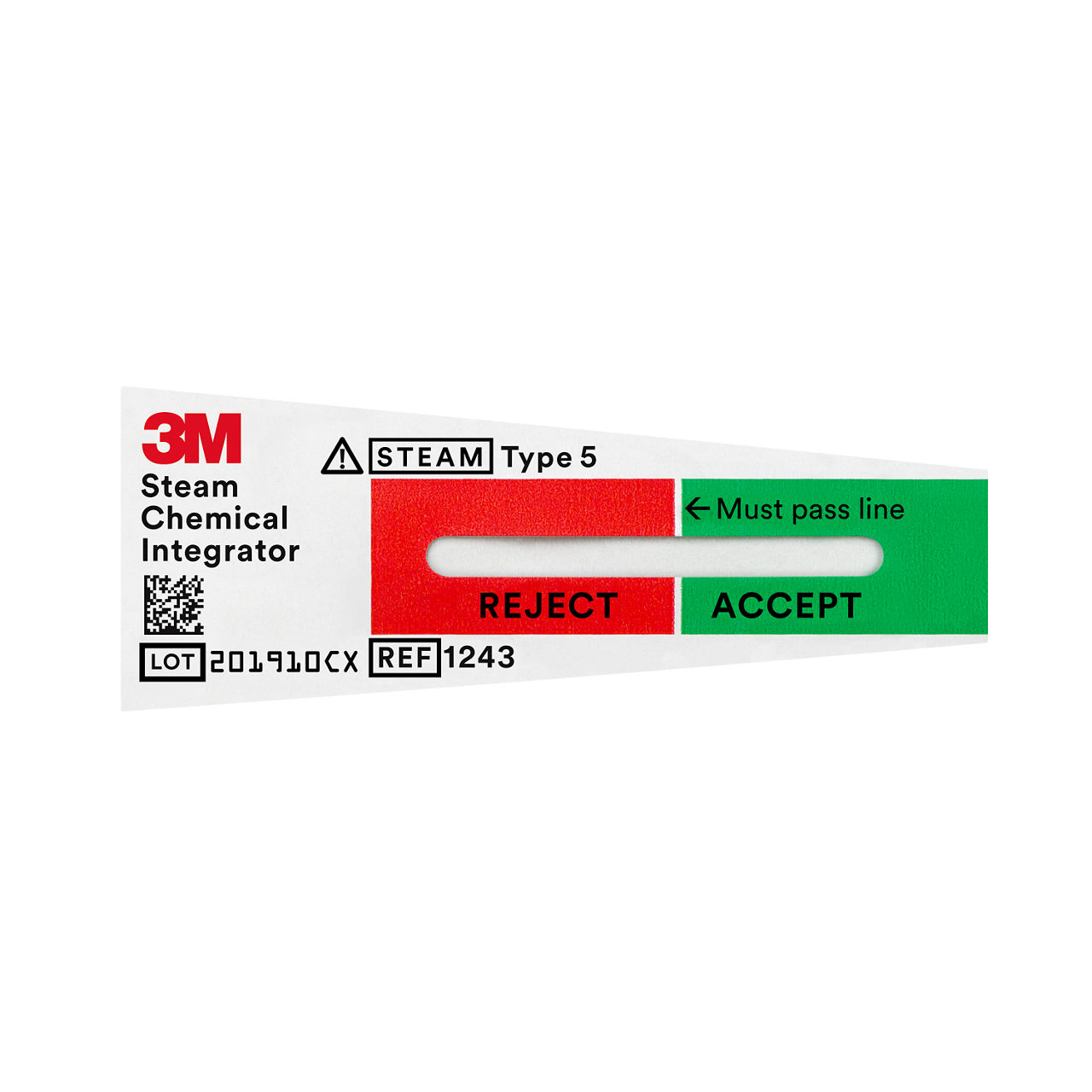 An unprocessed 3M Class 5 / ISO Type 5 steam chemical integrator before sterilization, with the indicator front not yet advanced.