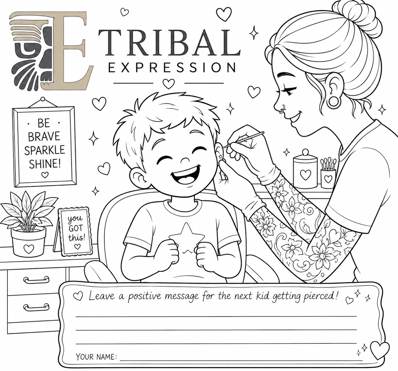 Line-art colouring page: a smiling child in the piercing chair with a friendly piercer