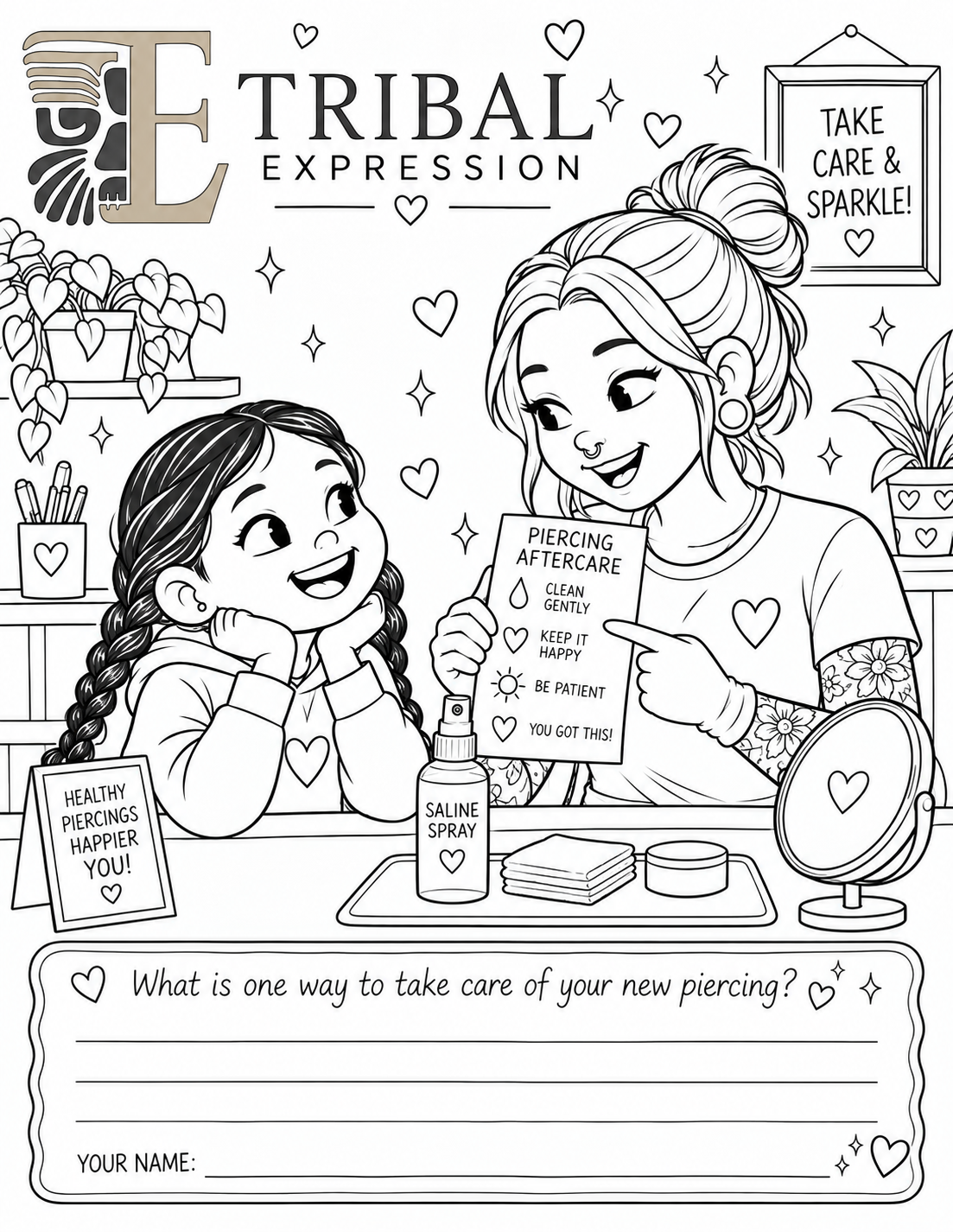 Line-art colouring page: a piercer explaining aftercare steps with a saline spray bottle