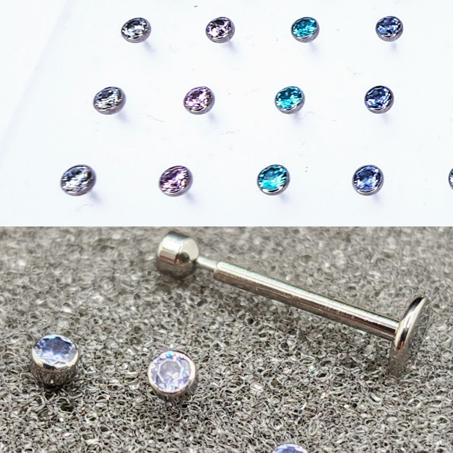 Labret studs with light blue gemstones and flat backs, body jewelry manufactured in Calgary