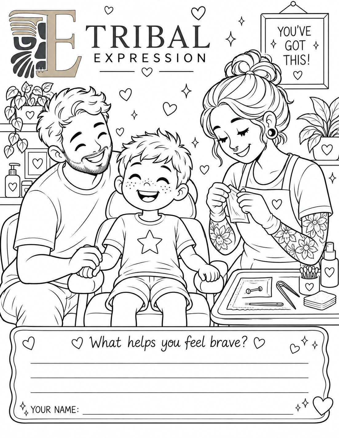 Line-art colouring page: a parent holding a child's hand during the piercing moment