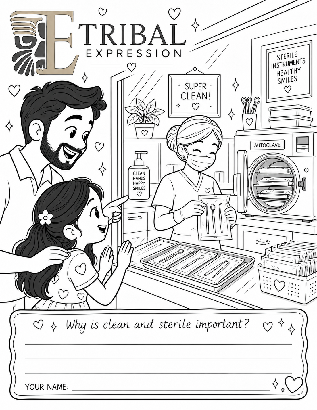 Line-art colouring page: a piercer showing a sealed sterile pouch beside an autoclave