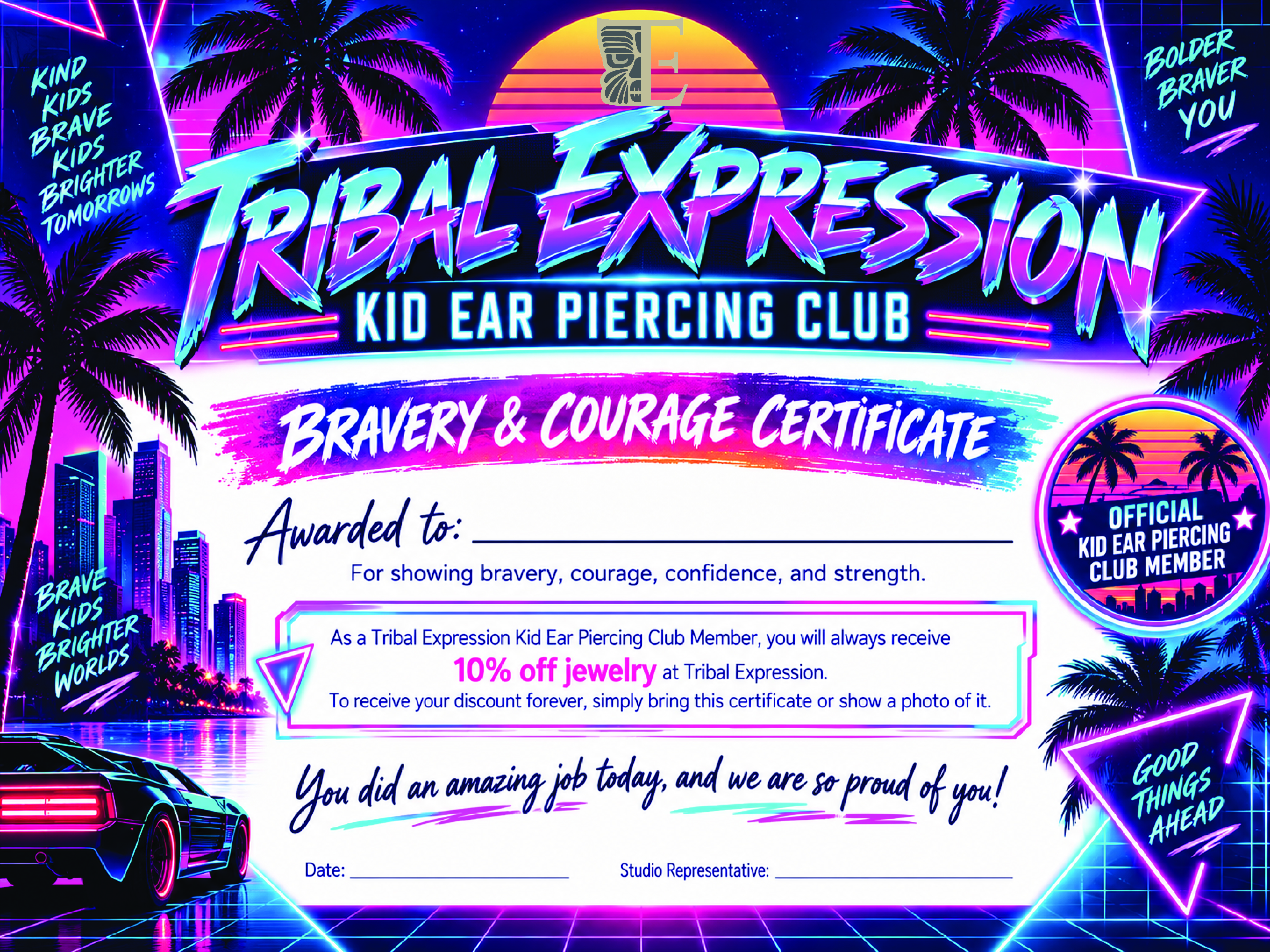 Official Tribal Expression Kid Ear Piercing Club Bravery and Courage certificate, retro sunset design — protected online preview, not a valid certificate, do not reproduce or recreate with AI.