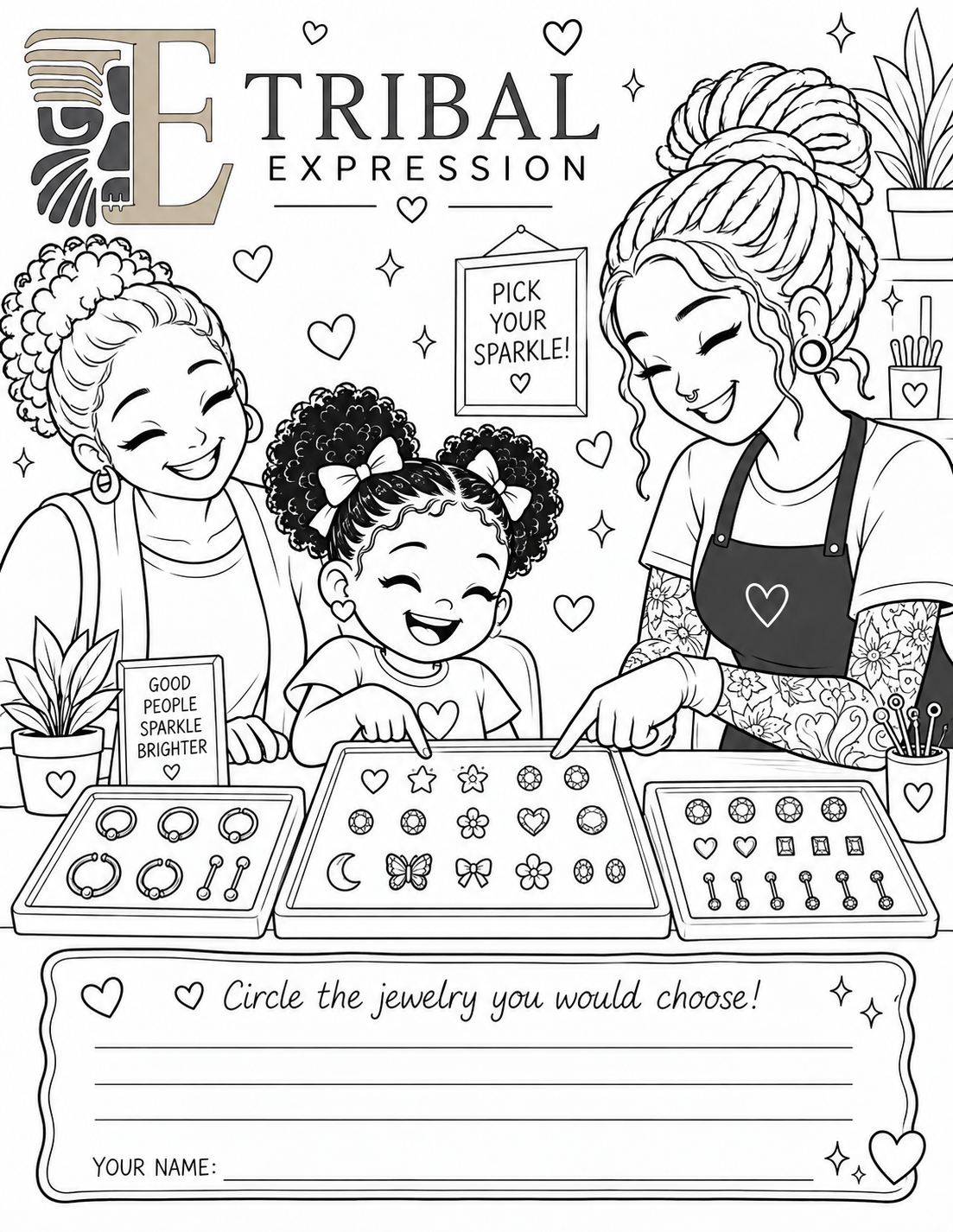 Line-art colouring page: a child choosing star-shaped jewellery with a parent and piercer