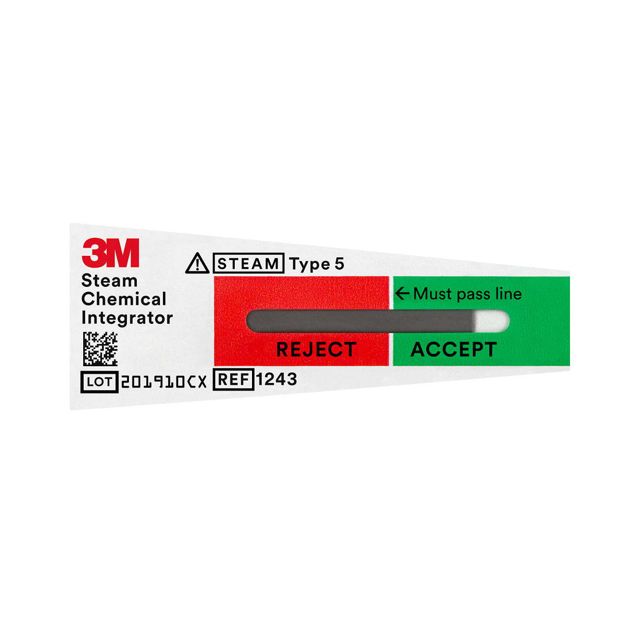 A processed 3M Class 5 steam chemical integrator after sterilization, with the indicator front advanced into the ACCEPT region.