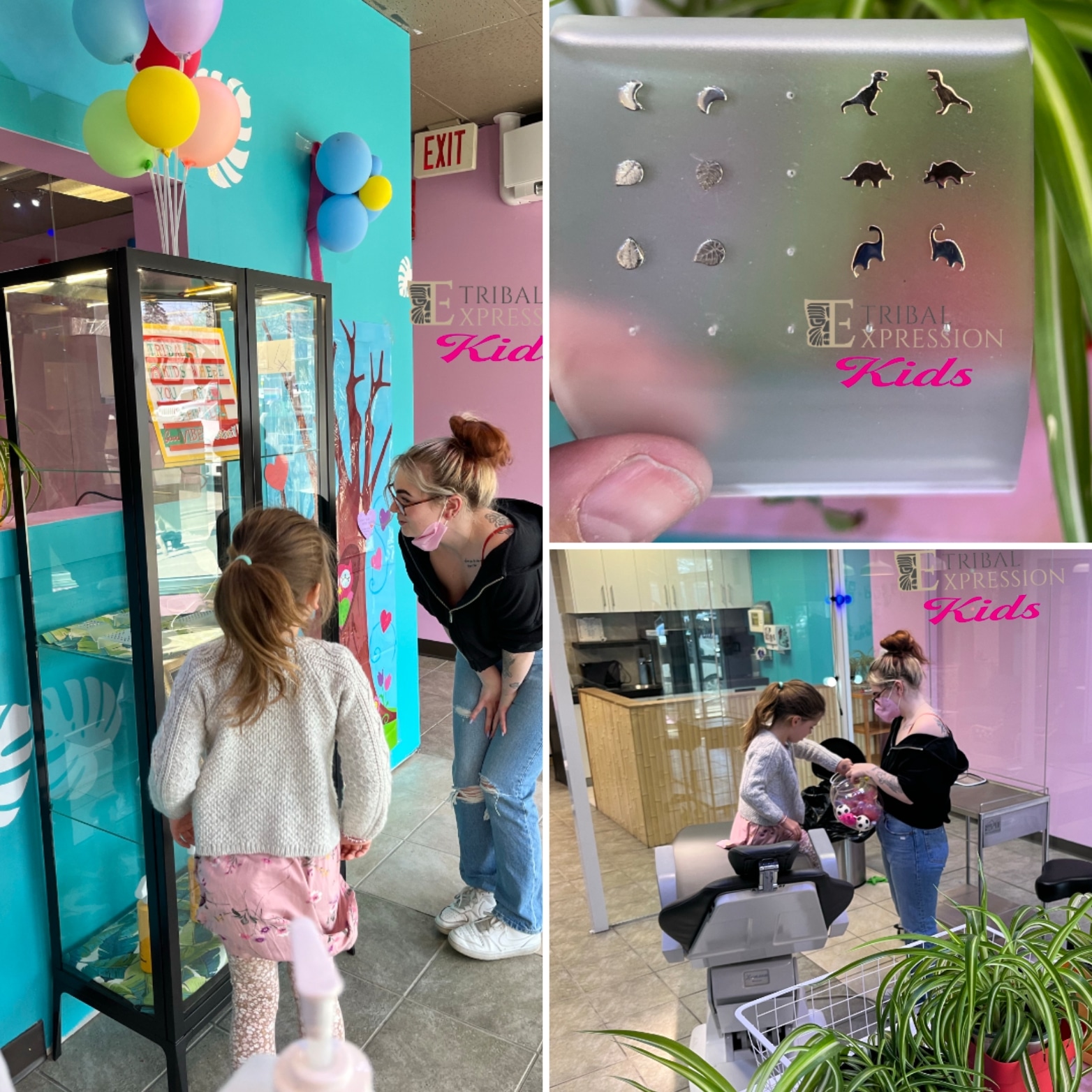 Archive photo of the Tribal Expression Kids experience: a child at the jewellery display case, kids earring styles, and a child in the piercing chair
