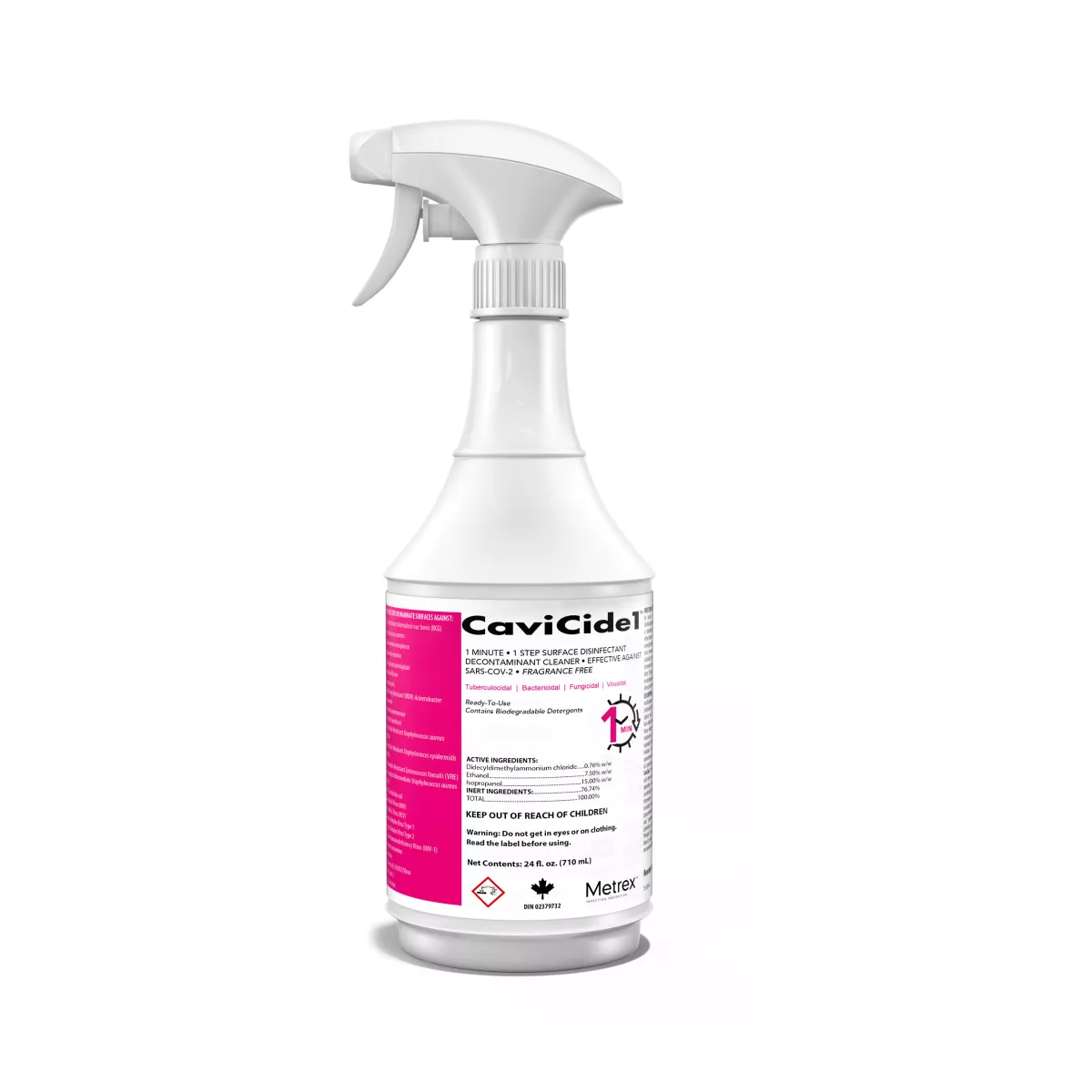 A bottle of CaviCide1 by Metrex, the professional one-minute surface disinfectant used throughout Tribal Expression.