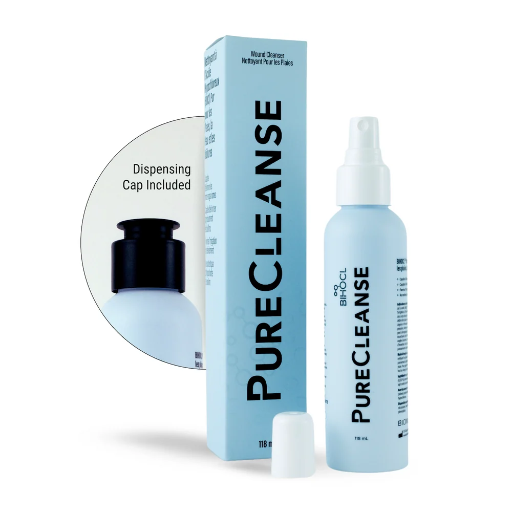 Purecleanse wound cleanser — 118 mL bottle, box and dispensing cap