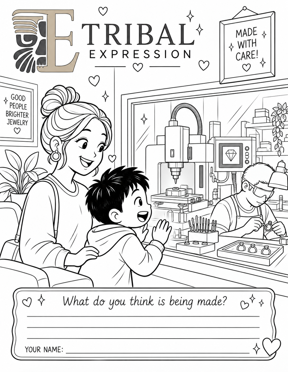 Line-art colouring page: a jeweller crafting jewellery at a Calgary workshop bench