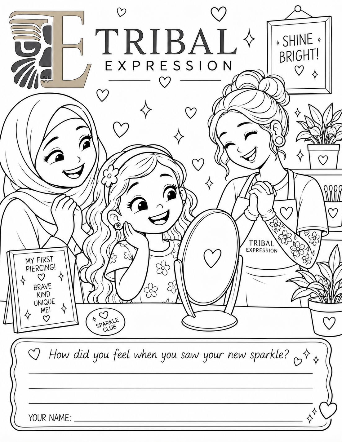 Line-art colouring page: a happy child seeing new earrings in a mirror with family and piercer
