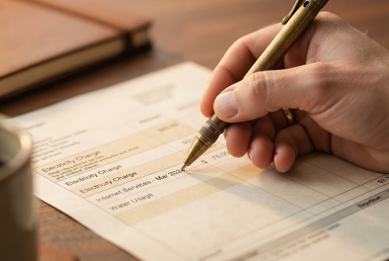 A hand marking a line item on a utility bill with a brass pen