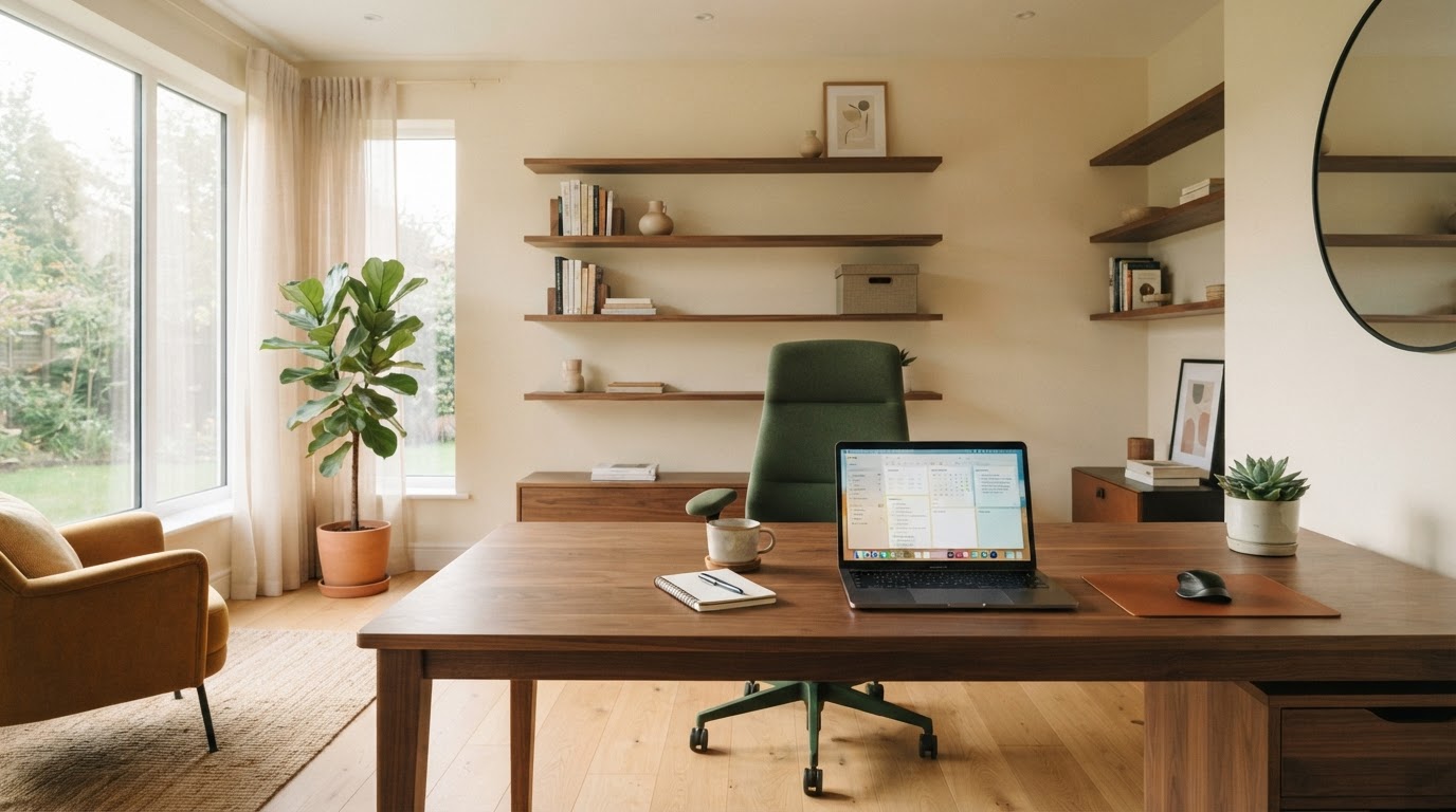 A serene, decluttered home office
