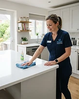 A cleaner wiping a kitchen counter