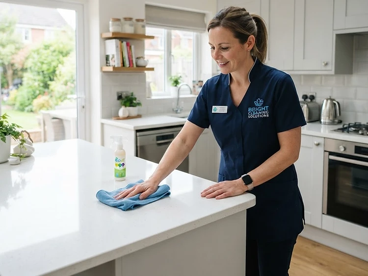 A cleaner wiping a kitchen counter