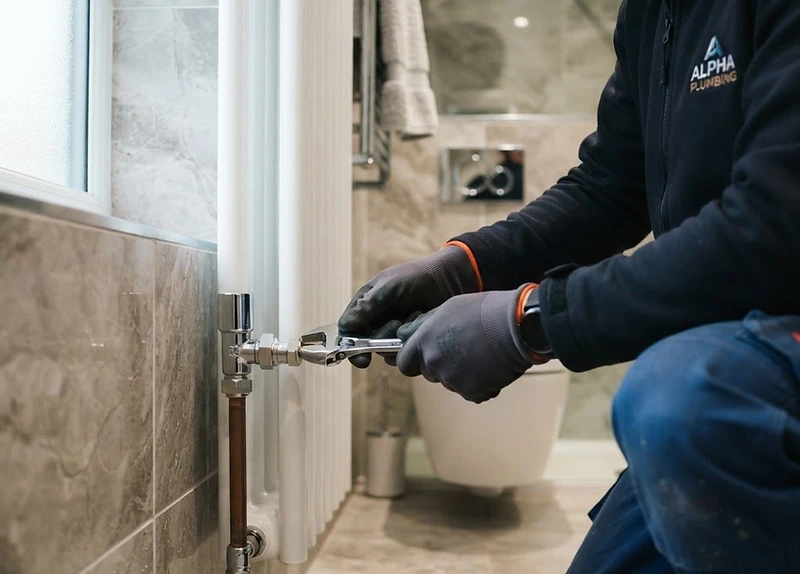 A plumber working on a bathroom radiator