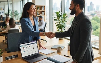 A recruitment consultant shaking hands with a candidate in an office